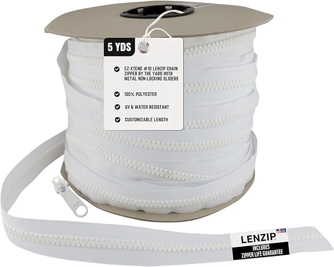 EZ-Xtend #10 Lenzip Chain Plastic Molded Plastic Tooth Zipper by The Yard w/Non-Locking Sliders. Boat Cushions, Duffle Bags, Back Packs, Sewing, Replacement Zipper(5 Yds & 4 Single Pulls Non-Locking)
