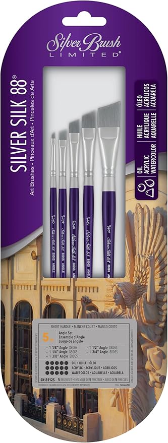 Silver Brush Limited SK-8112S Silver Silk 88 Angle Set for Acrylic, Watercolor, Gouache, Inks, & Dyes, Set of 5 Angle Paintbrushes, Size 1/8, 1/4, 3/8, 1/2, and 3/4 Inch, Short Handle