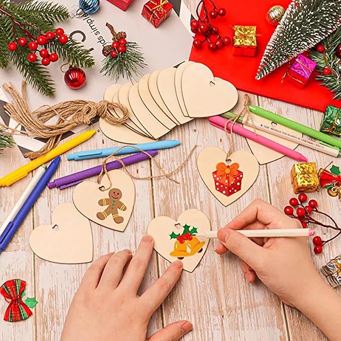 50 Pcs Wooden Ornaments, BetterJonny 3.15 * 2.56in Unfinished Natural Wood Slices with Holes Blank Wood Discs with 50pcs Jute Rope for DIY Christmas Decoration