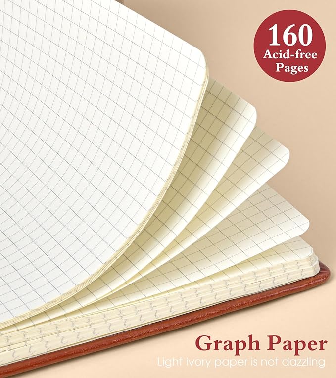Graph Notebook for Women Men, 160 Pages Grid Paper, Graphing Notebooks for School, Work, Quad Ruled, Inner Pocket, A5 Hardcover Vintage Leather Journals for Writing, 5.8"x8.5" (Brown)
