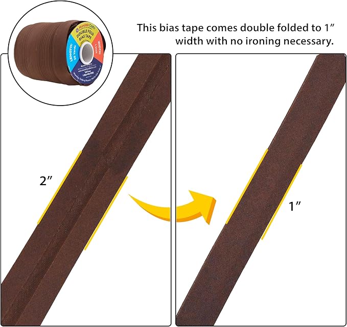 Mandala Crafts 55 Yards 1 Inch Brown Double Fold Bias Tape for Sewing - Bias Binding Tape for Quilting Binding, Hemming, Seam, and Fabric Piping