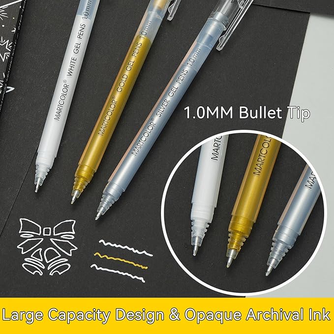 Gold Silver White Gel Pens, 1.0 Fine Point Opaque Archival Ink Pen for Black Paper Drawing, Art Highlight, Illustration, Bullet Journaling, Card Making & DIY Projects, 3 Pack