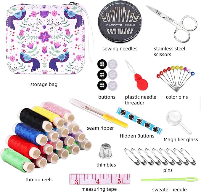 VINTAGE EMBROIDERY V.E. Travel Sewing Kit with Bag - Portable Sewing Supplies for Traveler, Adults, Beginner, Emergency,Contains Thread, Scissors, Needles, Tape Measure and Other Accessories (White)