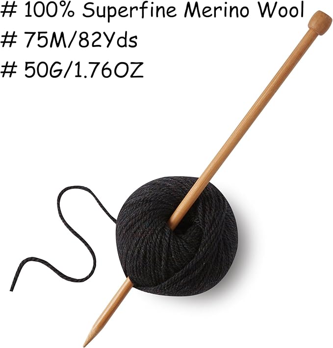 100% Merino Wool Yarn, 3-Ply Luxurious and Soft Yarn for Hand Knitting & Crocheting (Black, 1Ball)
