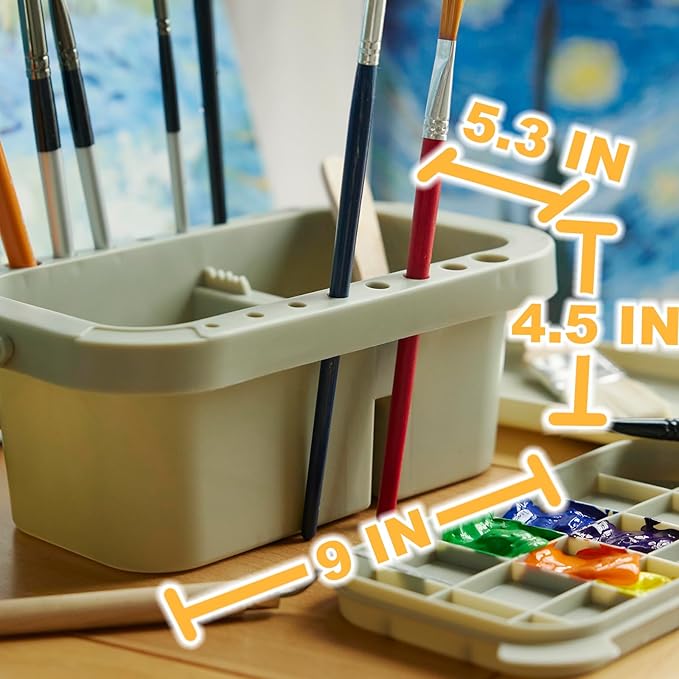 SEVENY Paint Brush Basin with Palette,Painting Art Supply Storage Organizer for Acrylic, Watercolor, and Water-Based Paints(Grey)