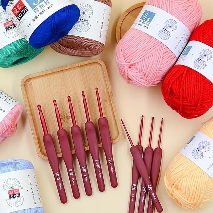 WONCHIEF 9PCS Crochet Hooks Set - Soft Grip Aluminum Knitting Needles with Case, Red Matte Hooks for Dark Yarn & Eye Comfort, 2.0-6.0mm Complete Kit for Home/Travel Crafting (Red)