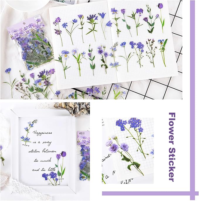 Maxleaf 80 Pieces Natural Vintage Flower Stickers, Self-Adhesive Transparent Flower Decals for Scrapbooking Supplies, Waterproof Nature Floral Clear Stickers for Adult Card Making Letters DIY