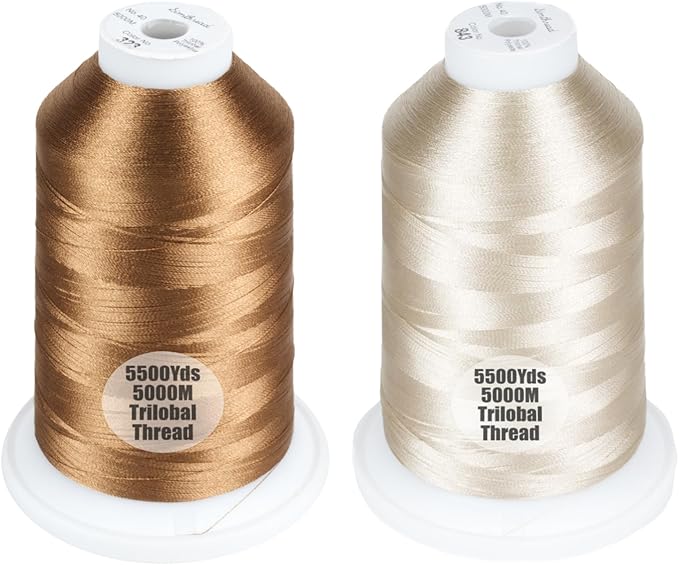 Simthread 2-Pack Trilobal Polyester Thread – 5000M (5500yds) No.40 Tangle-Free, Built-in Thread Lock Spool – Compatible with Brother, Singer, Janome & More,LightBrown323+Beige843