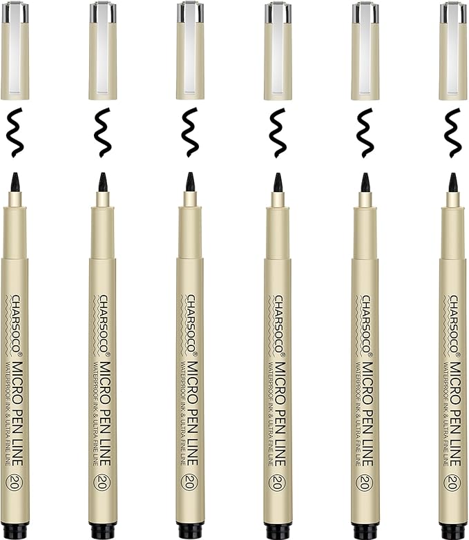 20 Micro Pen, 6 Pack Black Fine Point Pen with Waterproof Archival Ink, 2mm Fineliner Ink Pens for Artist Illustration, Sketching, Anime, Manga, Technical Drawing and Scrapbooking