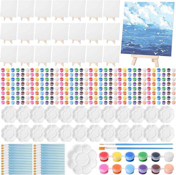 Qilery 24 Set 6 x 6 Inch Canvas Boards and Easel for Painting, Acrylic Paint Strips, Palettes, Brushes, Canvases Painting Kits for Kids Adults Artists Beginners Oil Acrylic Painting Party Favors