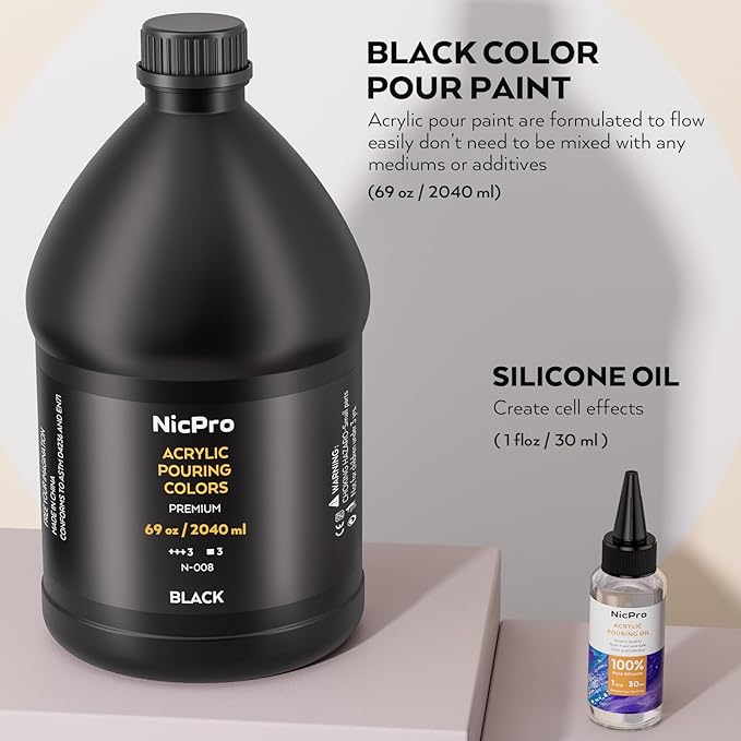 Nicpro Jet Black Color Acrylic Pour Paint, 69 Ounce Pre-Mixed Pouring Paint Supplies with Silicone Pour Oil & Gloves for Canvas, Rock, Wood Cell Creation Flow DIY Art Painting, Ready to Pour