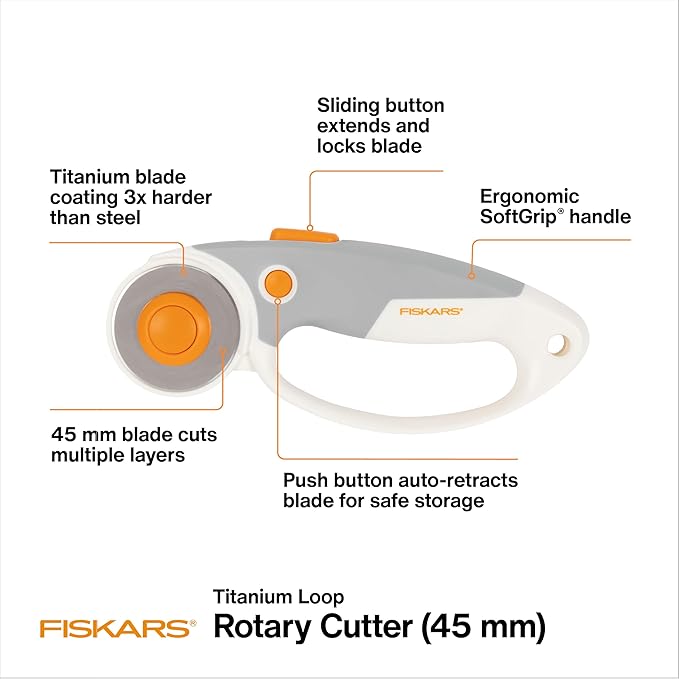 Fiskars Loop Rotary Cutter, Titanium 45mm Blade, Ideal for Cutting Multiple Layers, For Fabric, Felt, Vinyl and Crafts, Softgrip Handle