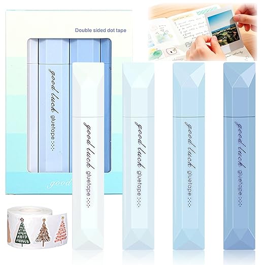 4PCS Double Sided Tape Pens, Double Sided Tape Roller, 6 mm x 196 Inch Gradient Color Glue Tape Roller, Adhesive Tape for Scrapbooking, Gift Wrapping, Photo Mounting, School Office & Crafts (Blue)