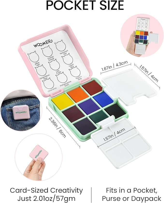 Woomer Watercolor Paint Set, 9 Vivid Colors Travel Watercolor Paint with 2 Foldable Palettes, Wash Cup, Perfect Water Color Set for Beginner Enthusiast Pro Gift