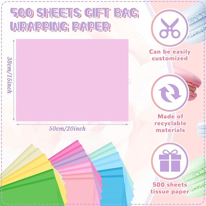 Qilery 500 Sheets Rainbow Pastel Tissue Paper Bulk for Gift Bags 15 x 20 Inch Acid Free Macaron Packaging Wrapping Decoupage Paper Sheets for Easter Wedding Decoration DIY Flowers, Pom Poms, Crafts