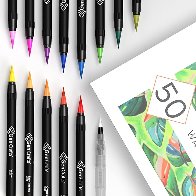GenCrafts Watercolor Brush Pens – Set of 50 Premium Colors – Real Brush Tips – Washable & Nontoxic Markers – Portable Painting Set