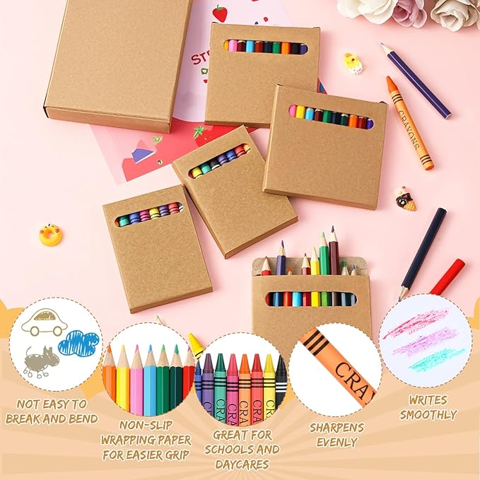 100 Sets Colored Pencils and Crayons Bulk Valentine's Day Gift Classroom Exchange Gift Class Prize, Craft Supplies in Box Mini Pencils Crayons Teacher Supplies, Cute Birthday Party Gifts