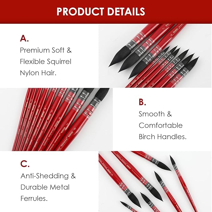 Grabie Professional Watercolor Paint Brushes, 9 Pcs Synthetic Squirrel Hair Mop Paintbrushes, Art Supplies for Painting, Great Watercolor Brushes for Artists, Amateur Hobbyists and Painting Lovers