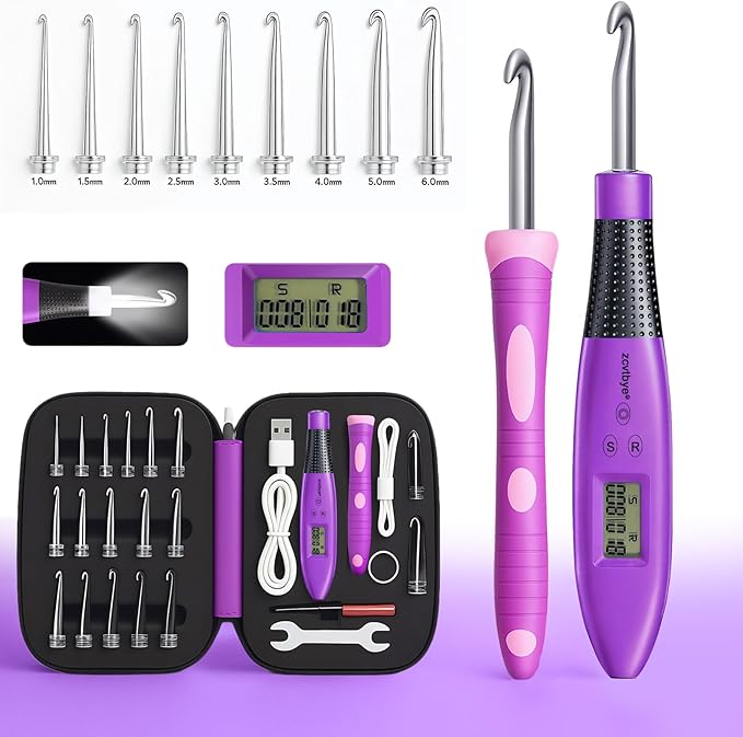 Light up Crochet Hook Set Counting Set Digital Crochet Kit Ergonomic with Lighted Led and Stitch for Crocheting and Knitting
