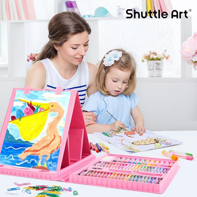 Shuttle Art 335 Piece Kids Art Set, Multi-Media Art Supplies, Gift Art Kit with Trifold Easel, 2 Drawing Pads, 2 Coloring Books, Oil Pastels, Crayons, Watercolors, Markers, Colored Pencils (Pink)