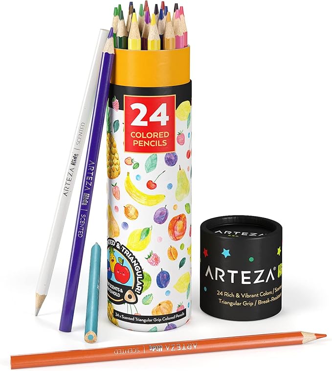 ARTEZA Scented Colored Pencils for Kids, 24 Triangle Pre-Sharpened Non-Toxic Smelly Pencils, for School Drawing, Arts & Crafts