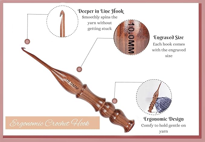 Wooden Crochet Hooks Set of 13 for Arthritic Hands | Ergonomic Soft Grip Handcrafted Knitting Needle for Crocheting and Knitting (Brown (Crochet - 2))