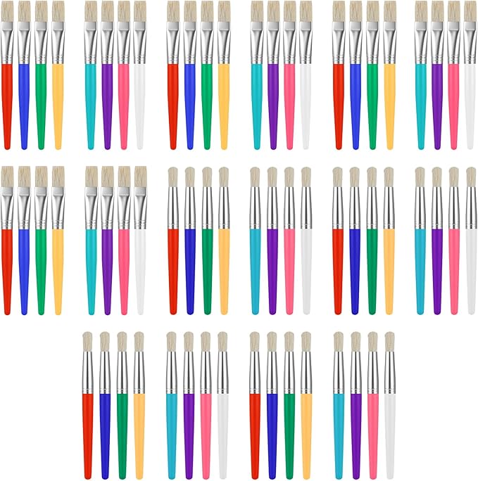 64Pcs Paint Brushes, Paint Brushes with Bristle, Round & Flat Paintbrushes, Easy Hold and Clean Toddler Paintbrushes, Big Washable Chubby Painting Brush for Acrylic Oil Watercolor Gouache