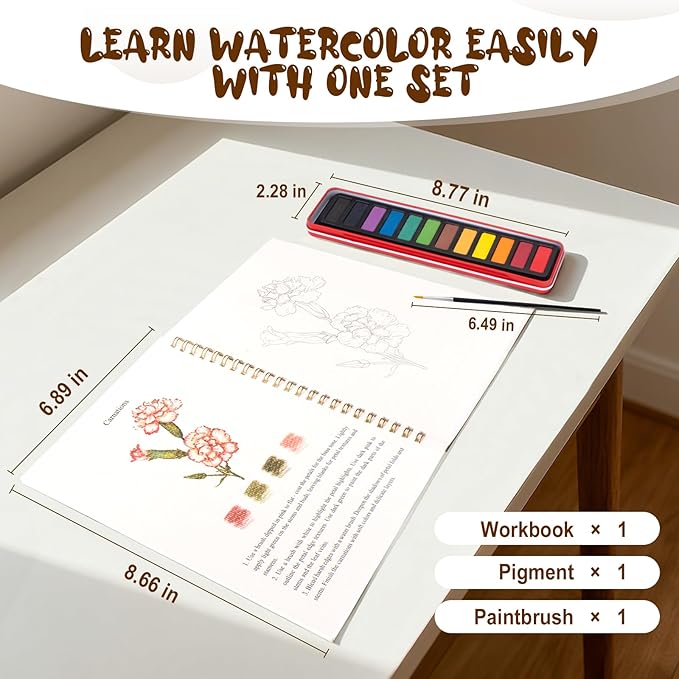 Kivzex Watercolor Workbook for Adults, Beginner Friendly Watercolor Painting Kit Flowers Water Coloring Book, Nature-Themed Practice Art Gift Water Color Paint Book with Palette and Brush