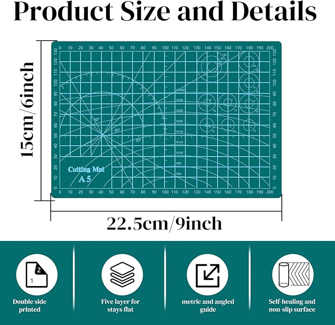 6 Pack Self Healing Cutting Mat, 6 x 8.8inch Rotary Sewing Mat for Crafts, Double Sided Craft Mat for Fabric Scrapbooking（Pink, Purple, Gray, Matcha Green, Sky Blue）
