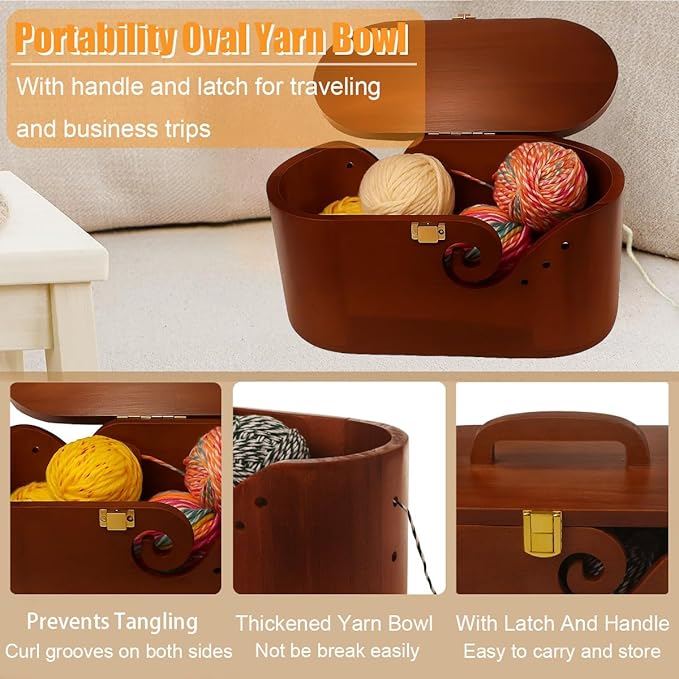 Portable Oval Wooden Yarn Bowl - with Lid, Lock & Handle, 9 Knitting Hooks Set, Perfect Organizer for Threads & Knitting Supplies