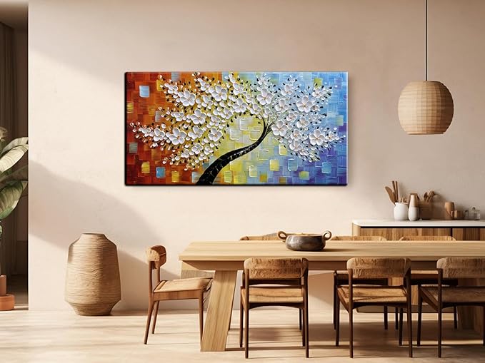 YaSheng Art -hand painted White Flowers Paintings Oil Painting On Canvas Abstract Texture Palette Knife Tree Paintings Modern Home living room Bedroom Dining Room Wall Decor Ready to hang 20x40inch