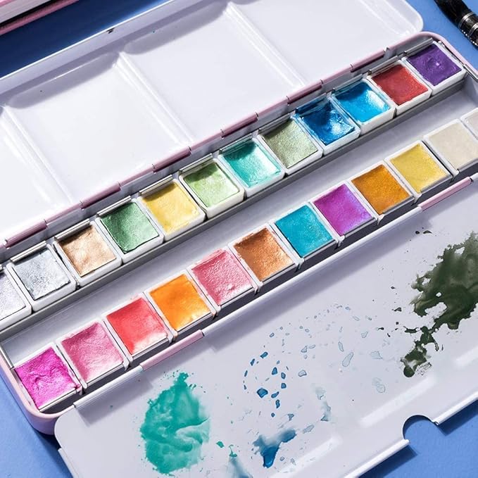 Paul Rubens Watercolor Paint Artist Grade 24 Colors, Metallic Glitter Watercolor Paints Set Solid Cakes with Palette and Watercolor Journal for Artists Painters
