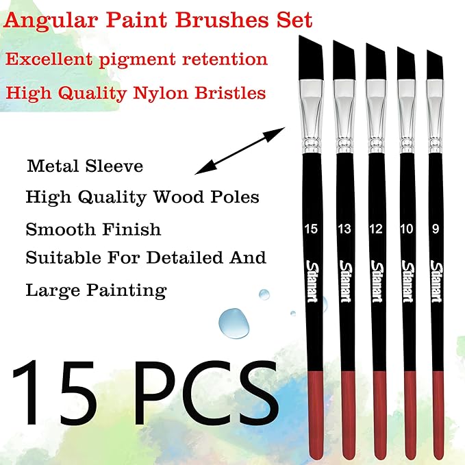 Angular Paint Brushes,15 PCS Different Size Professional Angled Paint Brush for Acrylic Watercolor Gouache Oil Painting,Highly Absorbent Nylon Hair Angled Paintbrush for Artists and Beginners