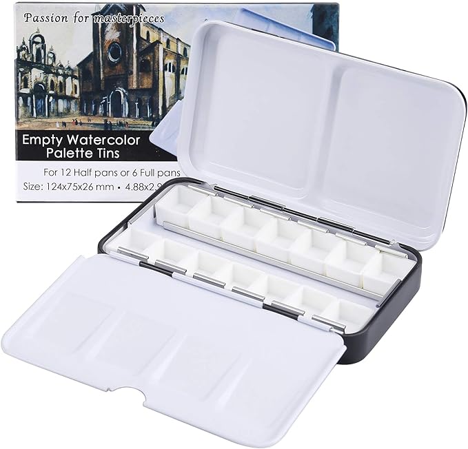 MYARTOOL Watercolor Tin Palette, Metal Empty Paint Case with 12 PCS Empty Half Pans for DIY Travel Watercolor Palette, Acrylic and Oil Painting