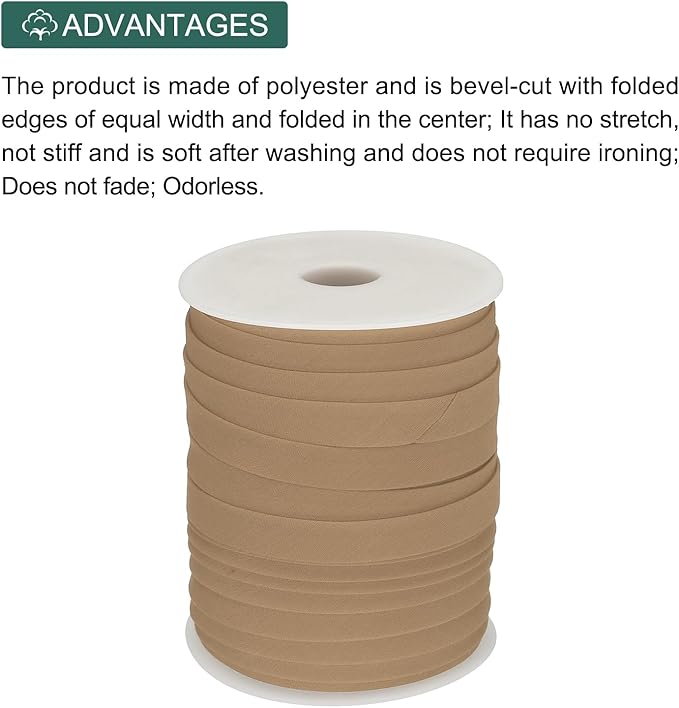 MECCANIXITY 1/2 Inch Double Fold Bias Tape Polyester Continuous Bulk Bias Tape for Sewing,Seaming Quilting Hemming Binding Crafts (Khaki 55 Yards)