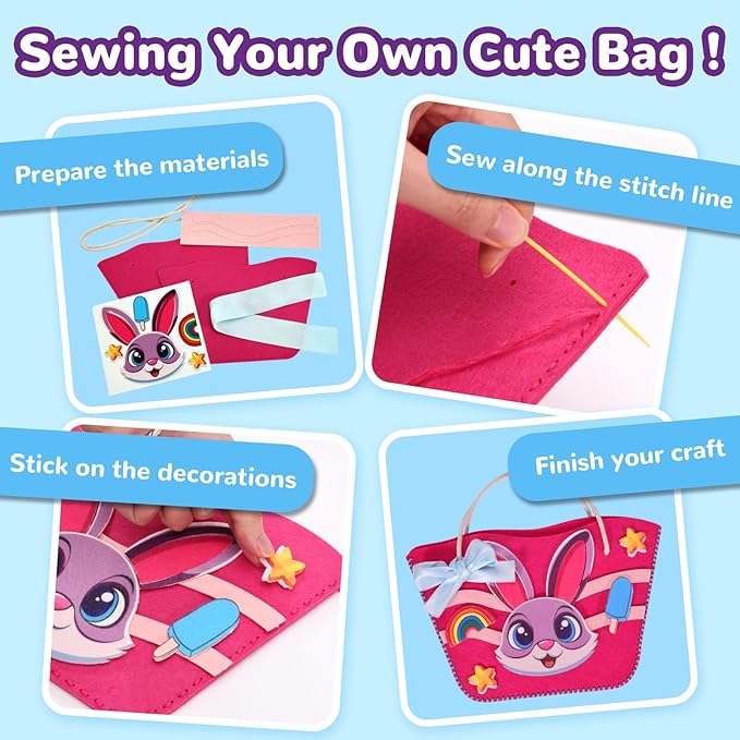 MGparty Sewing Kit for Kids, DIY Beginner Sewing Kit with 7 Cute Cartoon Bags Purses to Make Unicorn, Bunny, Bear, Rainbow Crafts for Girls Boys Educational Sewing Toy Gift