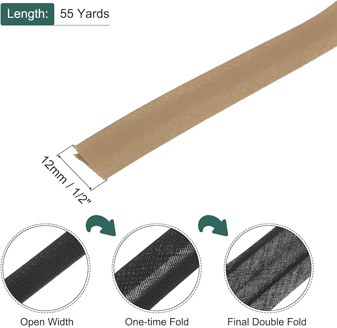 MECCANIXITY 1/2 Inch Double Fold Bias Tape Polyester Continuous Bulk Bias Tape for Sewing,Seaming Quilting Hemming Binding Crafts (Khaki 55 Yards)