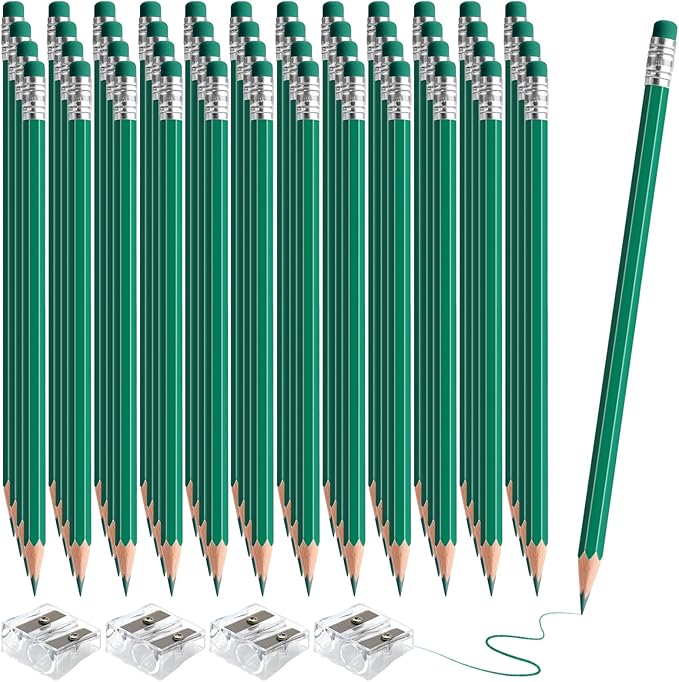48 PCS Checking Pencils Erasable Colored Pencils with Eraser Pre-Sharpened 2 HB for Checking, Grading, Tests & Office/School Supplies (Green)