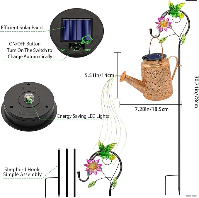 VOOKRY Solar Lights Outdoor Waterproof, Hummingbird Retro Metal Solar Watering Can Lights, Birthday Gifts for Women Mom Grandma Christmas Hanging Garden Decor Yard Light for Outside Patio Lawn Porch