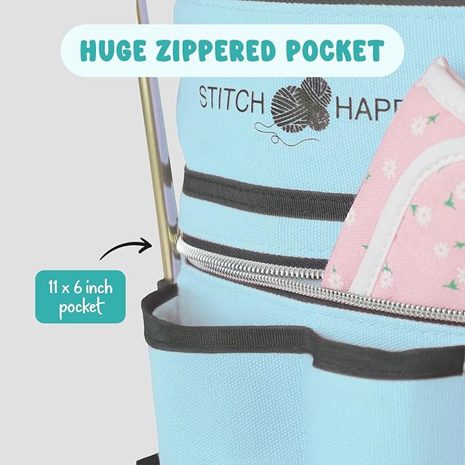 Stitch Happy Knitting Bag, Angel Blue: 7 Pocket Yarn Bag, Knitting Tote, Yarn Storage, Crochet Tote…