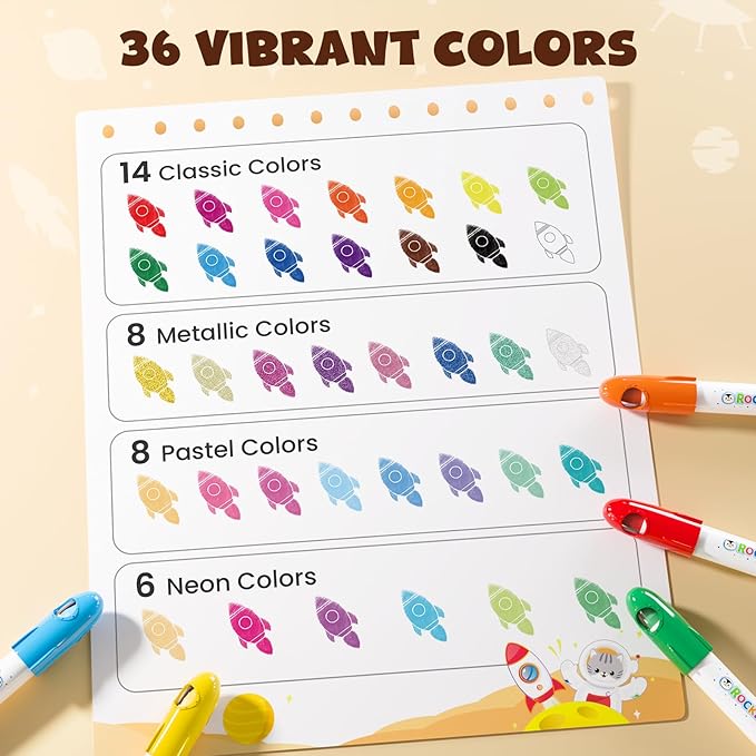 JUPITEARTH 36 Colors Tempera Paint Sticks, Washable Rocket Paint Sticks for Kids, Non-Toxic and Quick Drying