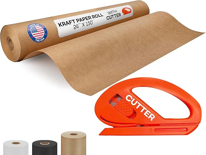 Brown Kraft Paper Roll 24" x 1800" (150 feet) with Cutter - USA-Made Quality Paper 50lb Thickness for Wrapping, Packing, Moving, Shipping, & Crafts/Arts - Natural Kraft Material by IDL Packaging