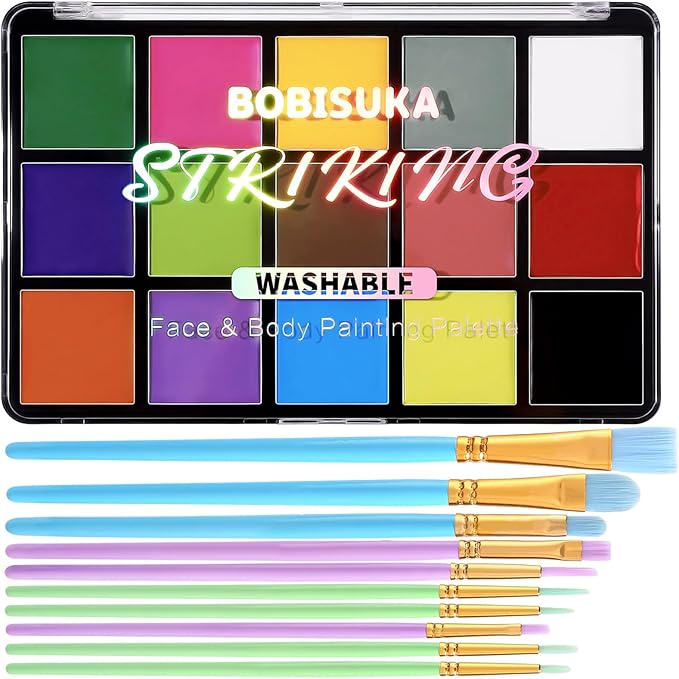 BOBISUKA Face Body Paint Palette + 10PCS Brushes Set, 15 Color Professional Face Painting Pallet Kit for Art Theater Halloween Party Cosplay Clown Sfx Makeup for Women Adults, Non-Toxic Washable