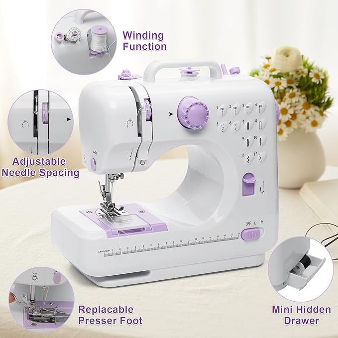 12-Stitch Small Sewing Machine with Foot Pedal & Night Light, Portable Electric Sewing Machine for Beginners, Kids, Tailors | Quick Repairs, DIY, Crafts | Powered by AC/Adapter (7-9W)
