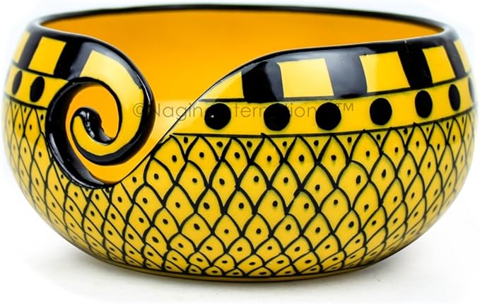 Nagina International Ceramic Attractively Hand Painted Gorgeous Stoneware Yarn Ball Storage Bowl With Innovative Dispensing Curl | Knitting & Crochet Accessions (Medium, Curry Yellow)