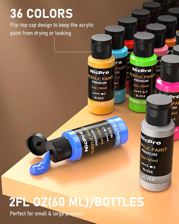 Nicpro 36 Colors Acrylic Paint Set with 12 Brushes & Palette, Non Toxic Art Supplies Kit for Fabric Painting, Canvas, Clay, Wood, Rock & Ceramic, Rich Pigments for Adults, Beginners, Professional Artist (2 oz, 60 ml)