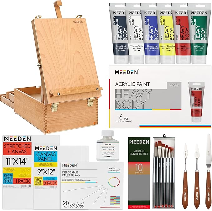 MEEDEN Acrylic Paint Set - 35 PCS Painting Kits for Adults with Tabletop Sketch Box Easel, Paint Brushes, Heavy Body Acrylic Paints, Canvas & Accessories - Premium Art Supplies for Beginners & Artists