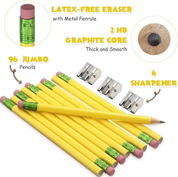 Fainne 102 Pcs Bulk Thick Jumbo Graphite Pencils Set 96 Fat Giant Large Pencils and 6 Sharpeners Enhanced Grip for Art Drafting Writing Drawing Office and Home Use(Yellow,Round)