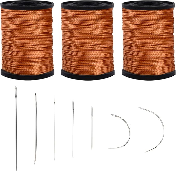 Topus Extra Strong Upholstery Repair Sewing Thread Kit and Heavy Duty Household Hand Needles, Including 7 Styles of Leather Canvas Sewing Needles and 3 Rolls Nylon Thread (70 Yard of Each Roll), Brown