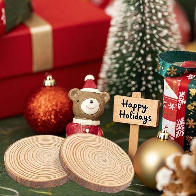 Wood Slice Ornaments 54 Pcs 2.4-2.8 Inches,Unfinished Natural Wood Cookies,Predrilled with Hole Wood Slices for Crafts,Christmas Ornaments Wedding Decorations etc. ﻿